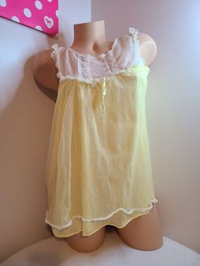 Vintage Sheer Organza Nylon & Lace Babydoll Top Size Lg Yellow